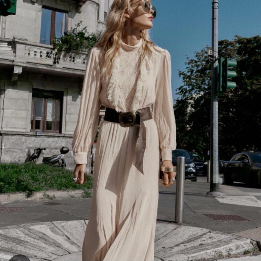 Zara Cream m Lace-Front Maxi Dress with Belt